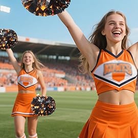 Hooshing 2PCS Black and Orange Pom Poms Cheerleading Metallic Pompoms with Baton Handle for Team Sports Spirit Dance Cheering