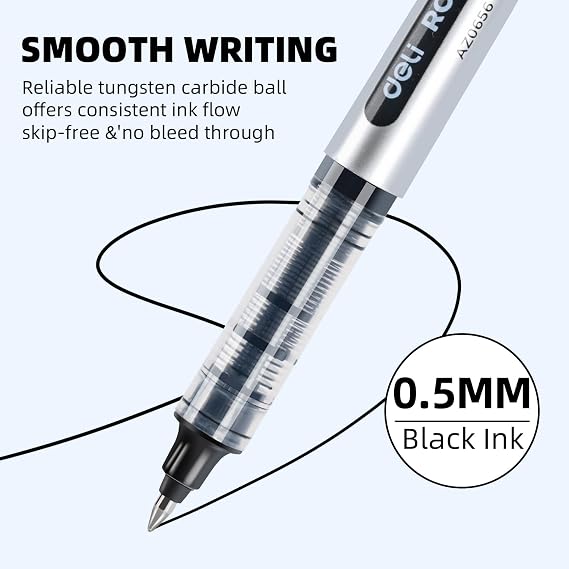 deli Rollerball Pens, 50 Pcs Roller Ball Pens, 0.5mm Black Ink