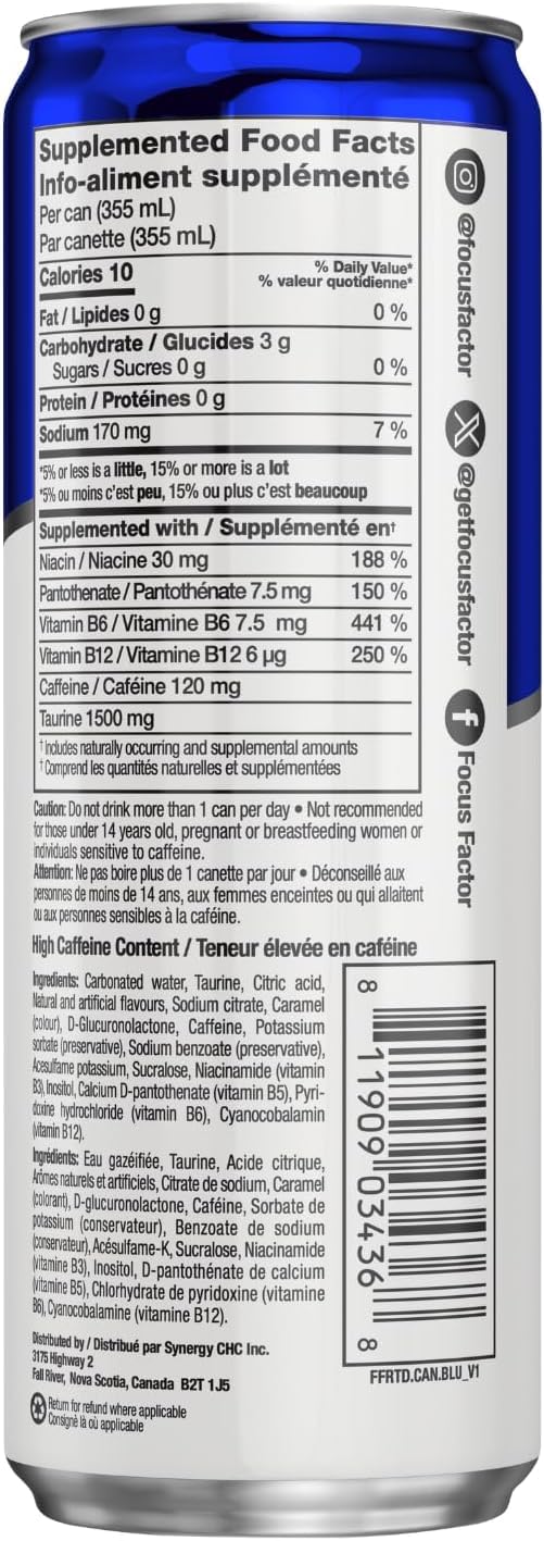 Focus Factor Energy Drink - 12 x 355ml Cans (Original Flavour) - with Focus + Energy - Lightly Carbonated, Sugar Free, Low Calorie with Vitamin B6 & Vitamin B12 - Image 2