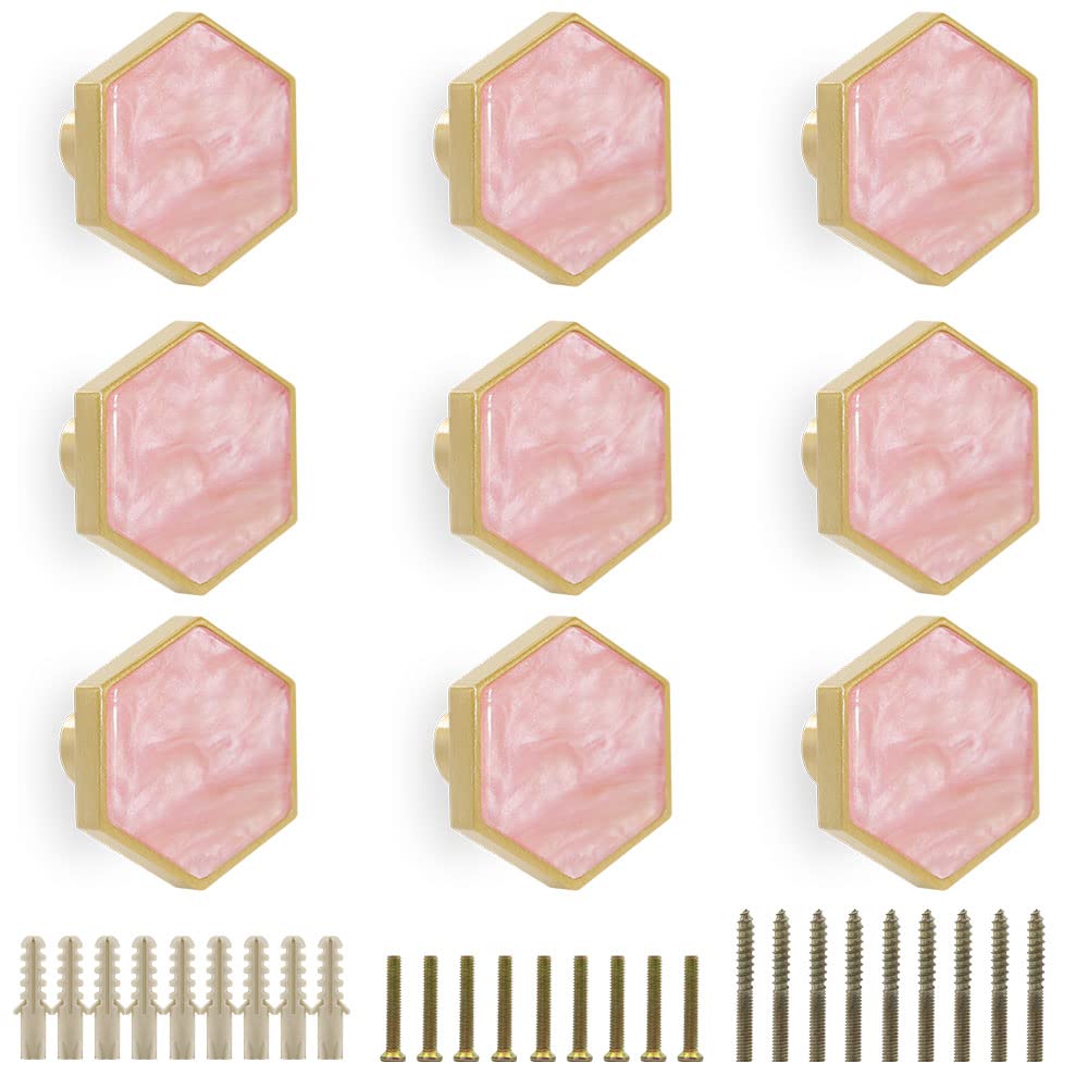 EVERGD 27mm Pure Copper Handle Shell Brass Gold Wardrobe Kitchen Cabinet Door Knobs Drawer Cupboard Hardware Pull Handle Clothes Coat Hook Modern Simple (9, Hexagon-Pink 25mm)