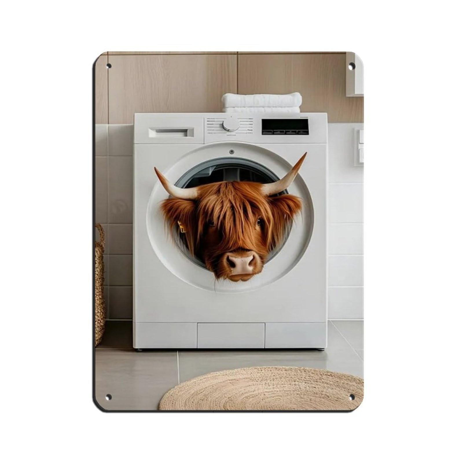 Highland Cow in A Washing Machine Tin Sign Vintage Metal Pub Club Cafe Bar Home Wall Art Decoration Poster Retro 12x16inch(30x40cm)