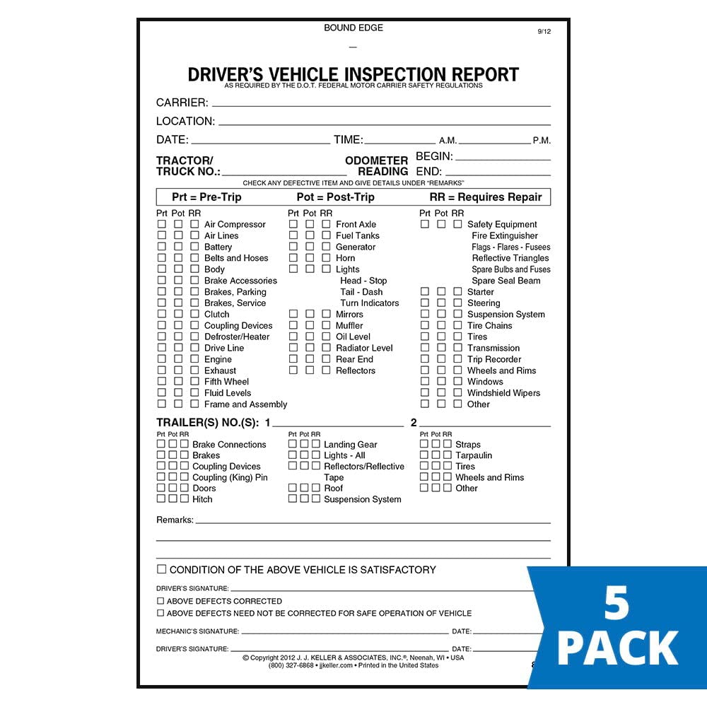 Detailed Driver's Vehicle Inspection Report (Pre & PostTrip) 5pk