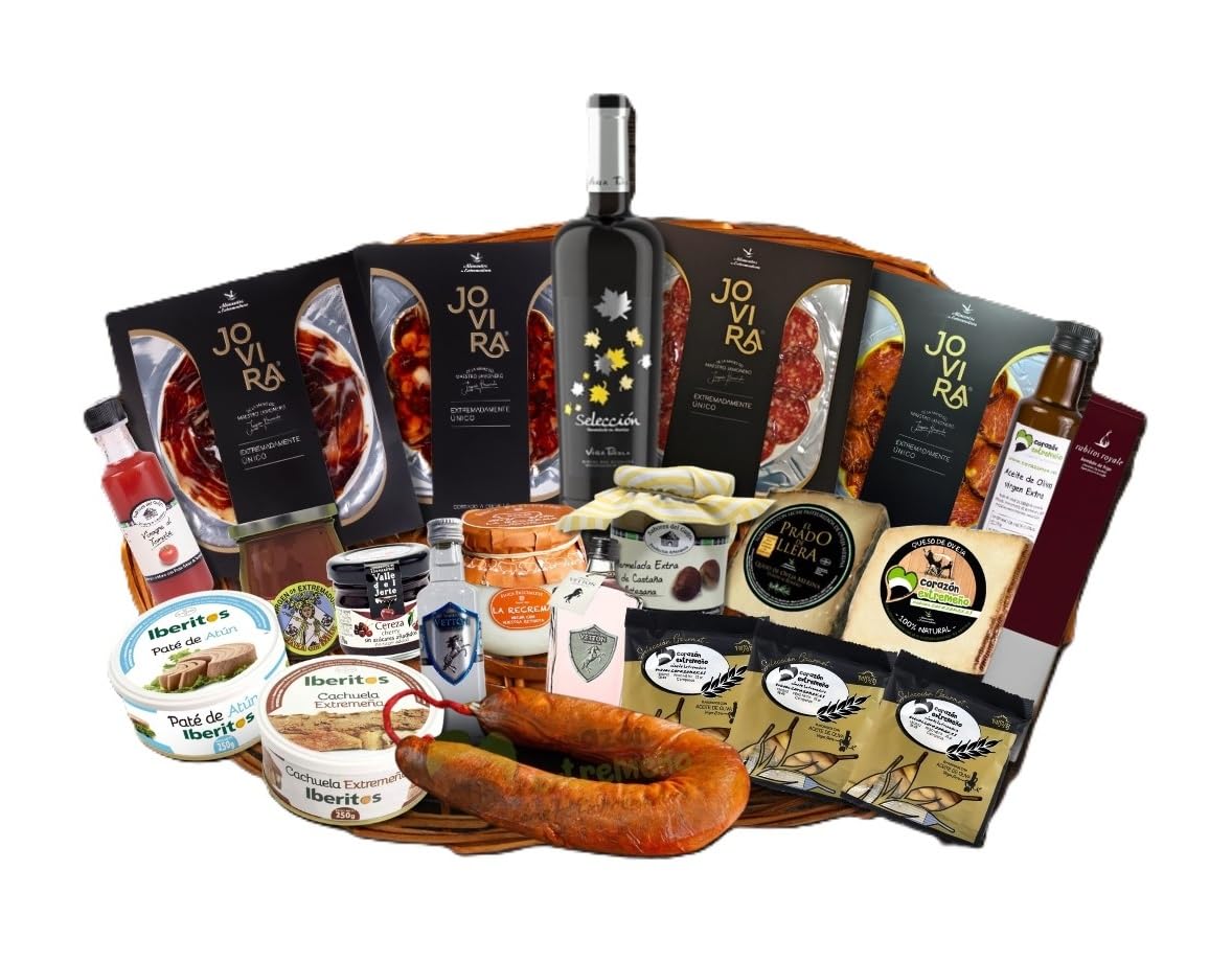 Cesta de Regalo Gourmet para Navidad con Queso Artesano de Oveja, Locheado Jamón Ibérico, Aceite de Oliva Virgen Extra, Bombones de Higo con Chocolate – Corazón Extremeño