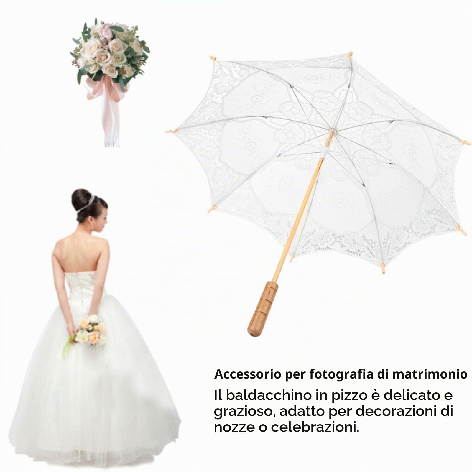 Buachois Ombrello in Pizzo con Ricamo per Bambini - Accessorio per Performance sul Palco, Decorazioni per Matrimoni e Feste, Oggetti di Scena Fotografici (Bianco L)