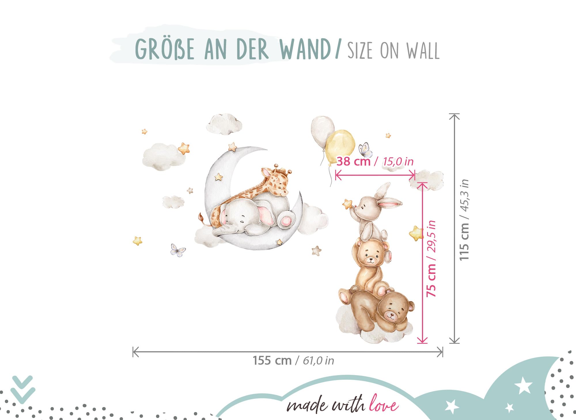 Little Deco DL5017-03 - Adesivo da parete con luna, animali, per la cameretta dei bambini, con palloncino e orso, stile bohémien, con elefante, coniglio, cameretta dei bambini, decorazione da parete