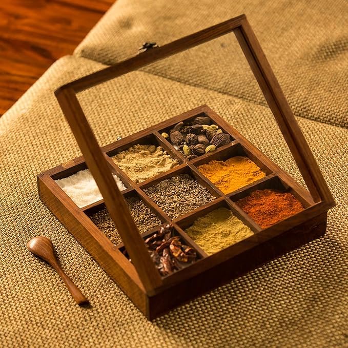 Boîte à épices Masala Dabba en bois de sheesham avec compartiments