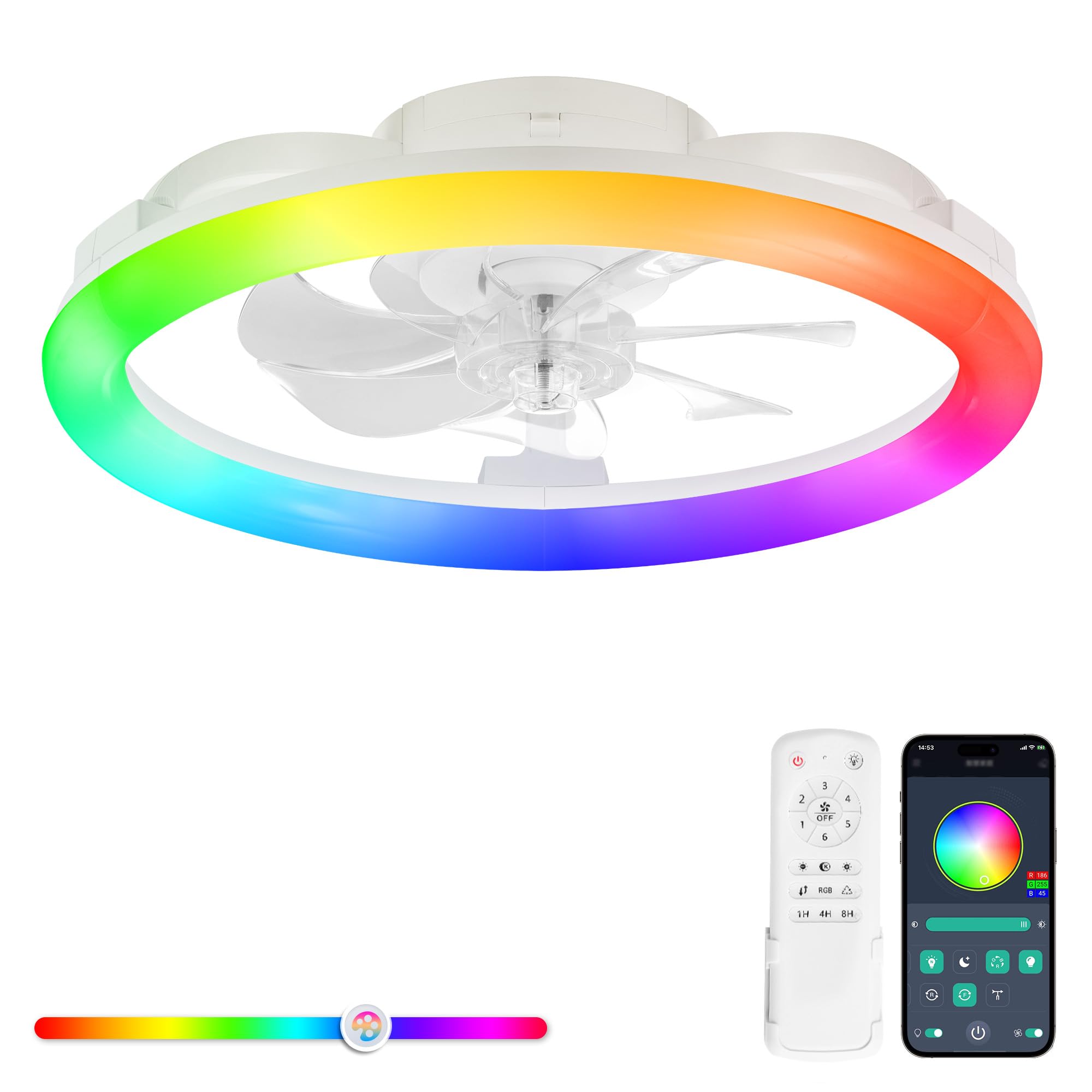 ZMISHIBO Deckenventilator mit Beleuchtung, RGB Deckenventilator mit Licht & Fernbedienung, Moderner dimmbarer Deckenventilator 51cm, 6 Geschwindigkeiten, App-Steuerung, leiser Einbau-Deckenventilator