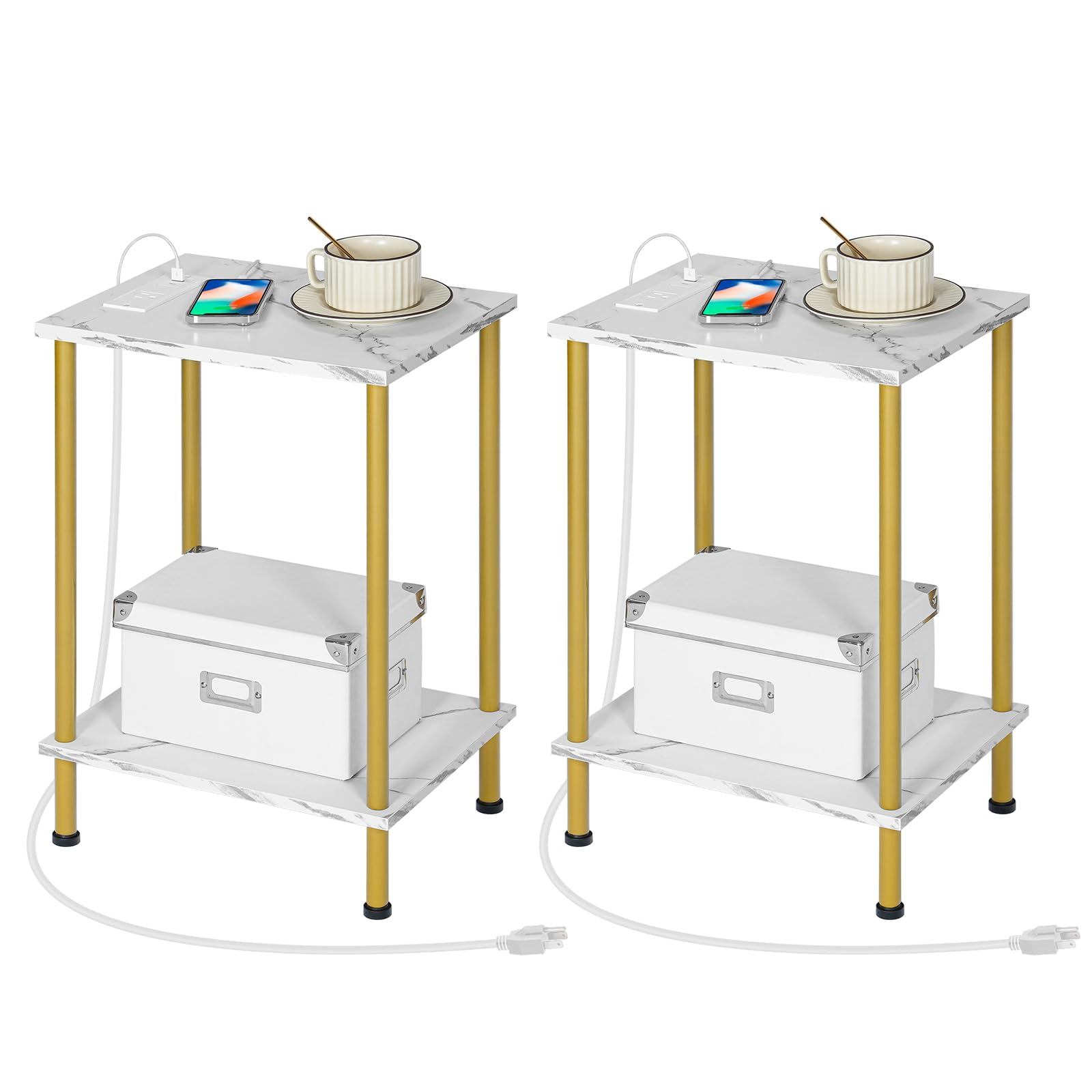 HOOBRO Side Table with Charging Station, Set of 2 End Tables with USB Port and Outlet, Nightstand with 2-Layer Storage Shelves for Small Spaces, Living Room, Bedroom, Gold and Marble DM09UBZP201