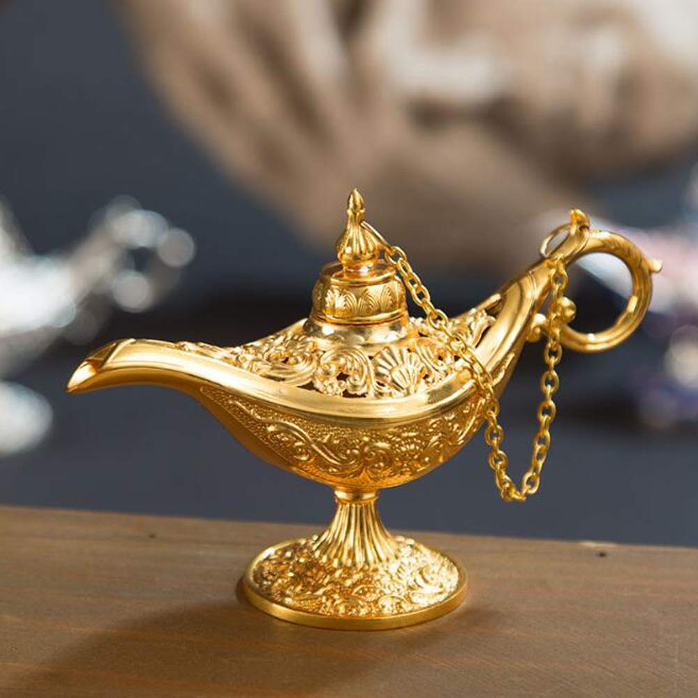 Voanzo Light/Golden Metal Carved Aladdin Magic Vintage Home Tea Oil Pot Arabian Art Craft Gift Rare Retro Legend Color Aladdin Genie (Golden)