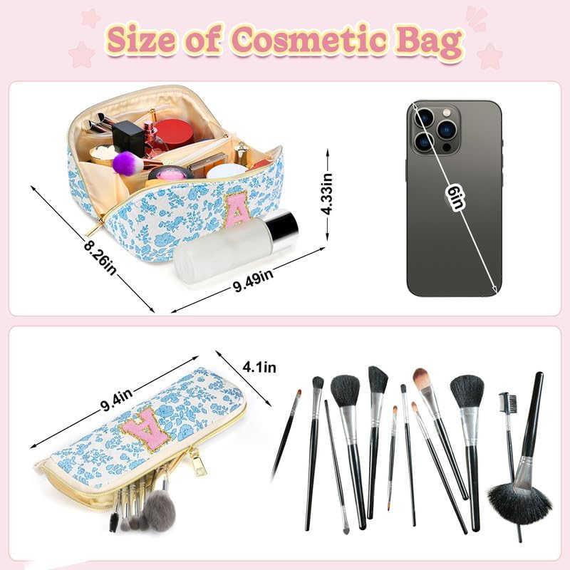 Personalized Travel Makeup Bag Set,Initial Travel Cute Floral Makeup Organizer Bag,Toiletry Skincare Cosmetic Bag, Valentine’s Day Gifts for Women/Girls,Open Flat Toiletry Pouch with Brush Pocket Blue flower Q