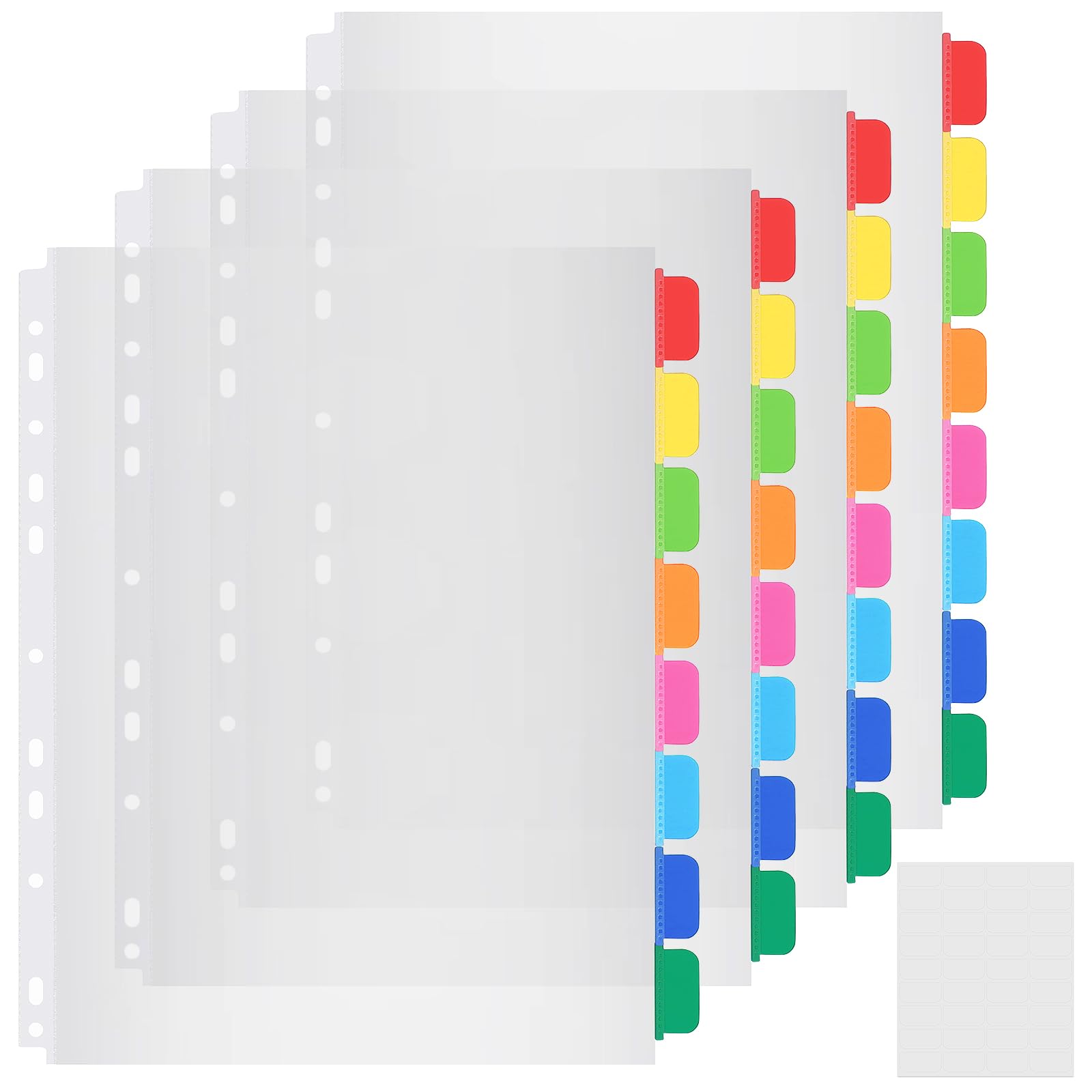 Thboxes 32 Pack A4 Ring Binder Dividers, Transparent Plastic Sleeves with Tabs Binder Pocket Coloured Multi Hole A4 Punched Pockets for 2/3/4 Files Ring Binders Office School Index Dividers