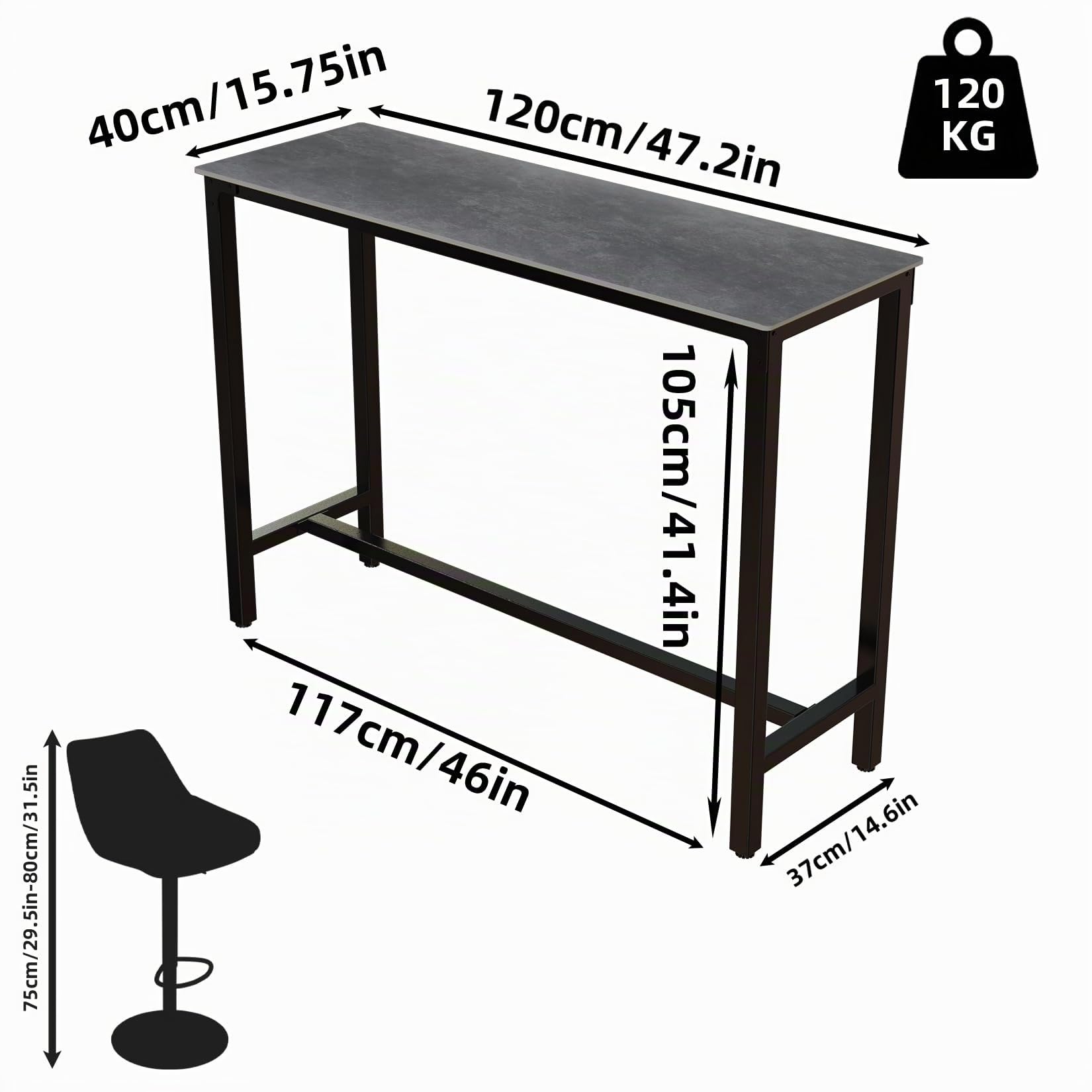 Tavolo da bar rettangolare in pietra sinterizzata: 120 cm di lunghezza, in marmo grigio misto nero, altezza 105 cm, tavolo da cocktail per casa, cucina, colazione, sala da pranzo, pub, caffetteria