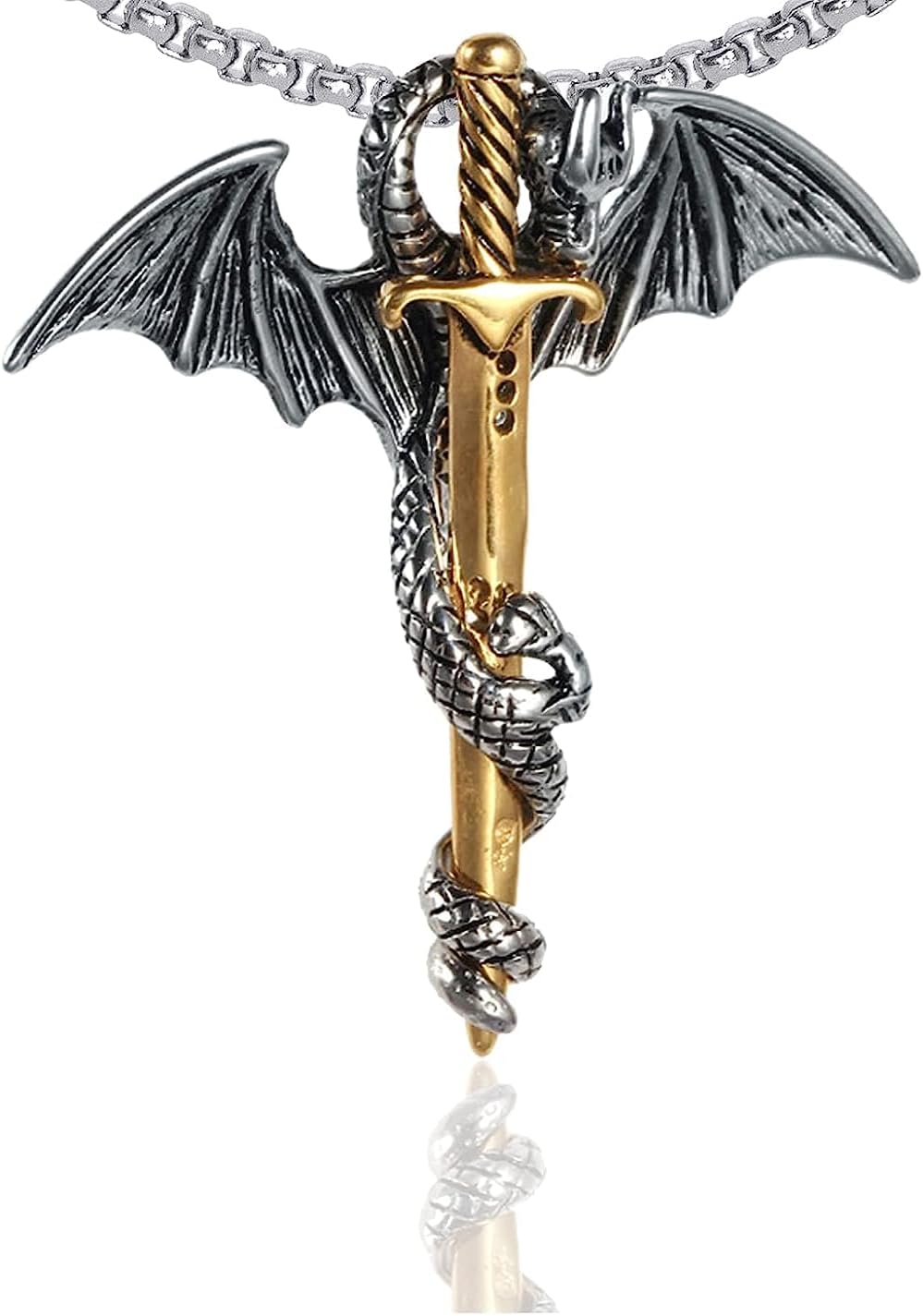 Punk Stailess Steel Dragon Sword Wing Fashion Pendant Necklaces with Chain For Men & Boys