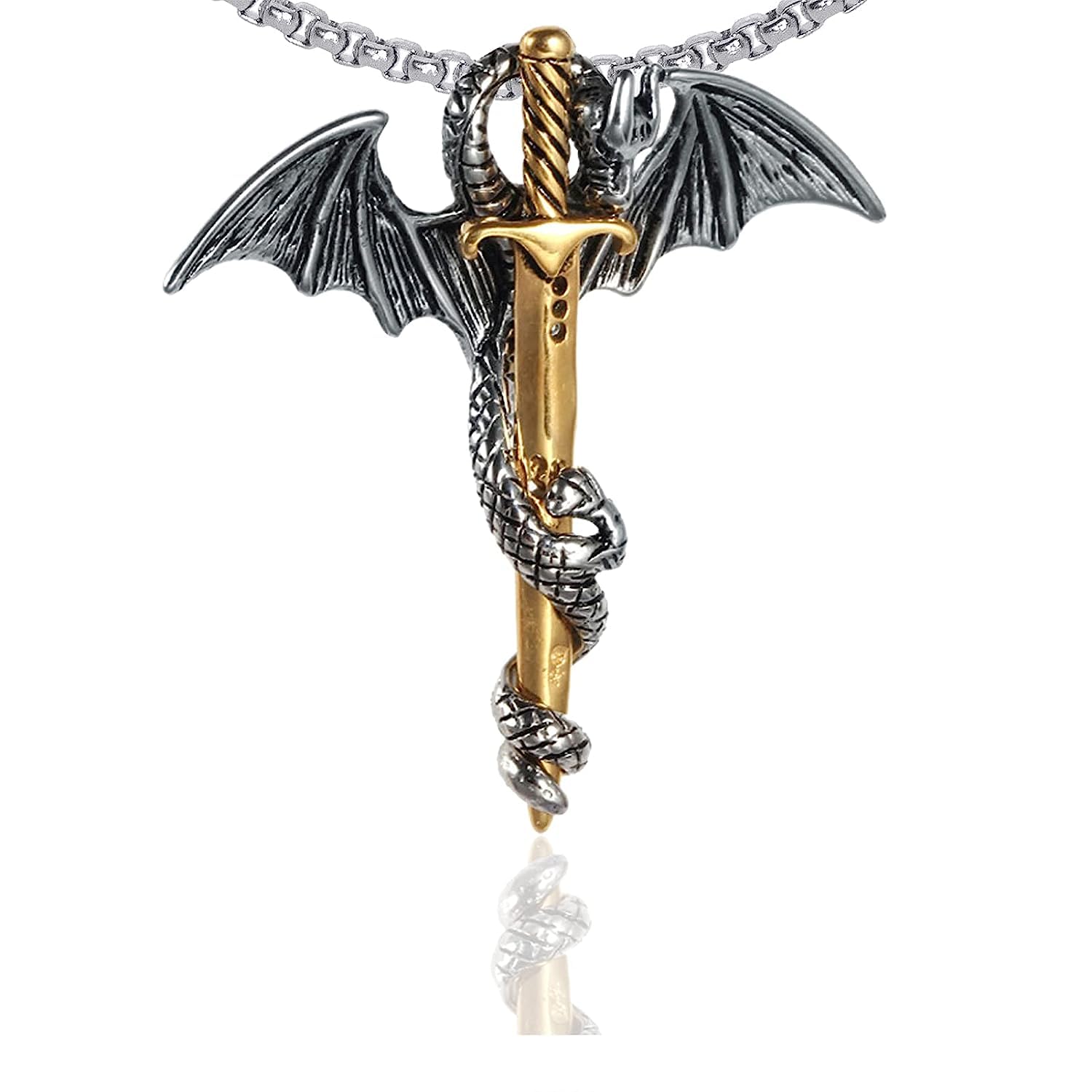 RVM Jewels Punk Stailess Steel Dragon Sword Wing Fashion Pendant Necklaces with Chain For Men & Boys