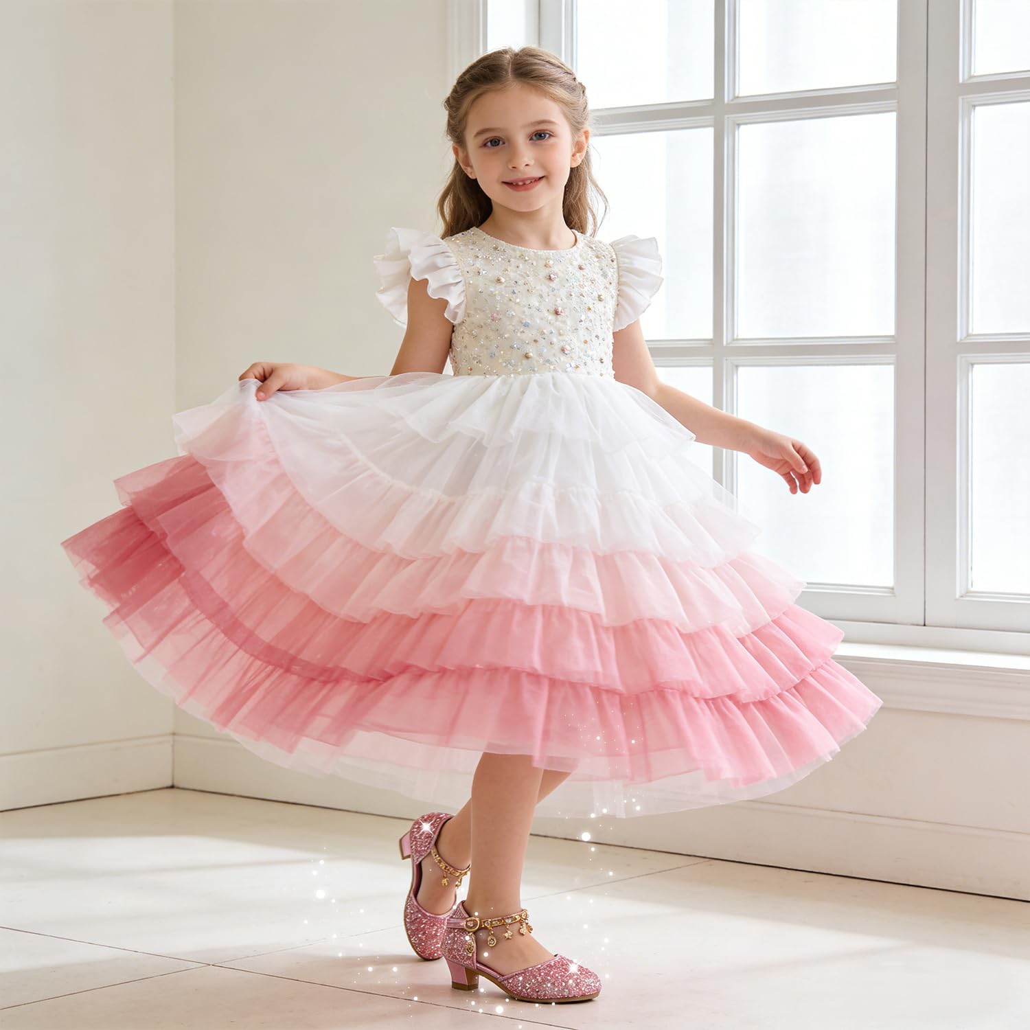 Chaussure Princesse Fille Paillettes Déguisement Talon Haut Cosplay Mariage Noël Anniversaire Cérémonie Fête Danseuses Ballerines Sandale Crystal Bling - 3