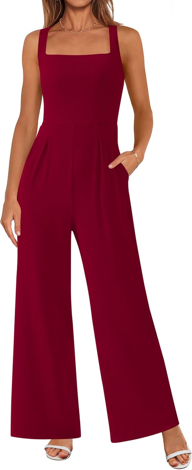 PRETTYGARDEN Summer Sleeveless Jumpsuits for Women Dressy Square Neck Wide Leg Pants Knit One Piece Rompers Fashion Clothing