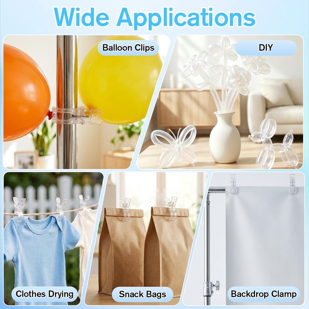 10 Pack Balloon Arch Clips 3.5 Inch Clear Spring Clamps for Backdrop and 100Pcs 260 Long Balloons, Plastic Heavy Duty Clips for Balloon Arch Supplies Birthday Wedding Decoration Photography