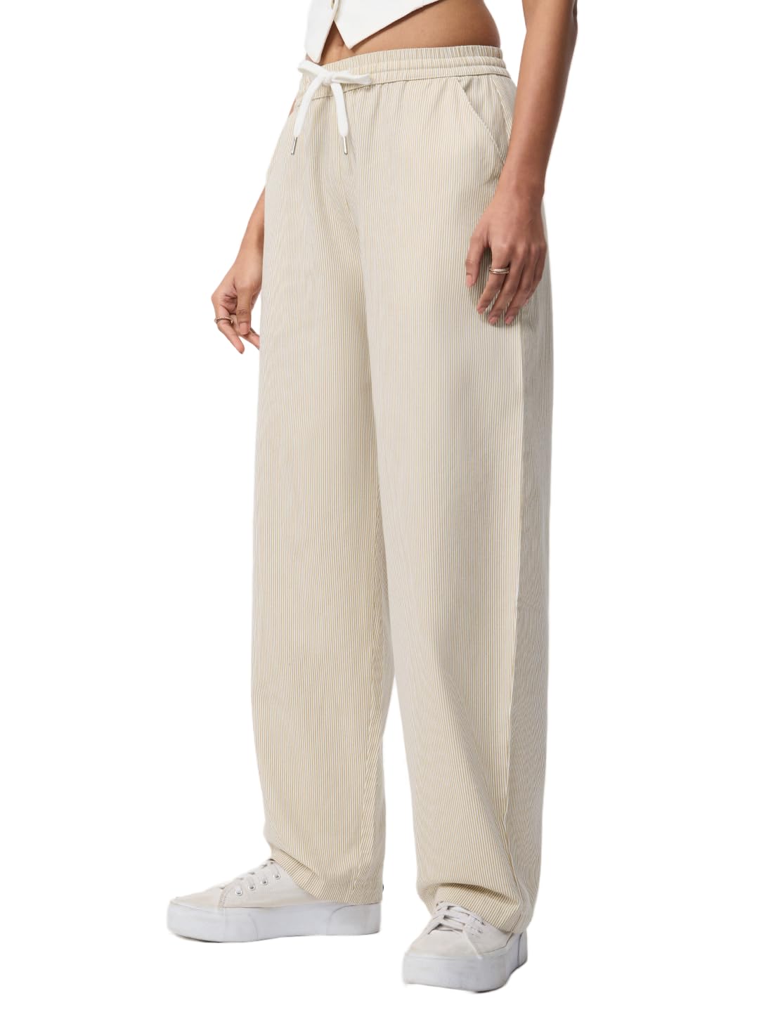 the souled store Barrel-Fit: Creme Women Girls Drawstring Waist Beige Pinstripe Cotton Twill Relaxed Fit Adjustable Hems Lightweight Everyday Casual Trousers-picture-53