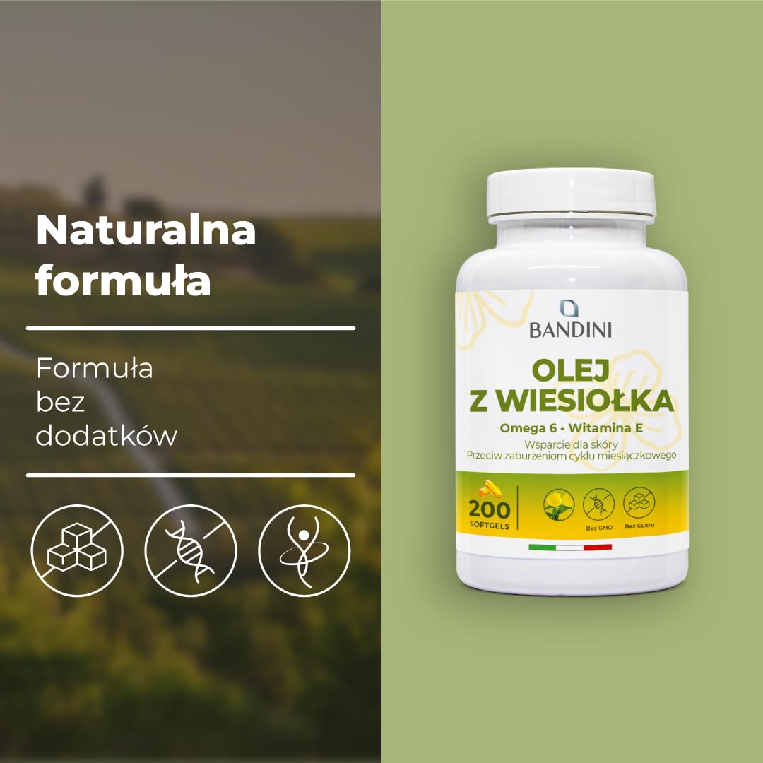 Bandini® Olej z wiesiołka 200 kapsułek żelowych 2000 mg - Przeciwutleniacz dla skóry, włosów i paznokci - Równowaga hormonalna, menopauza i przeciwdziała zaburzeniom cyklu miesiączkowego - Bez GMO