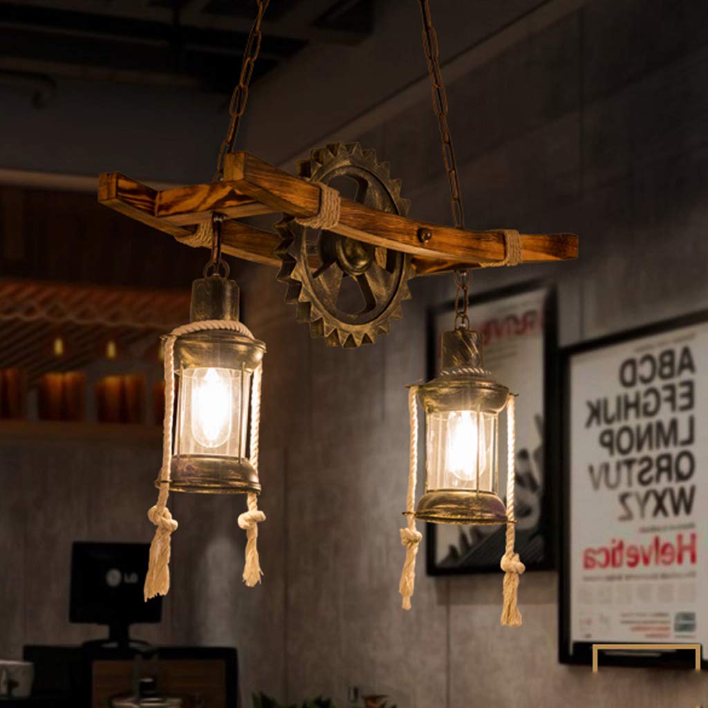 Lustres E27 Vintage Pendentif Chêne Clair Salle À Manger Lampe Suspension Industrielle Metal Gear En Fer Forgé Plafond Rétro Lampe Suspendue Chambre Lampe Maison En Bambou Lumière Vivante Chambre Café