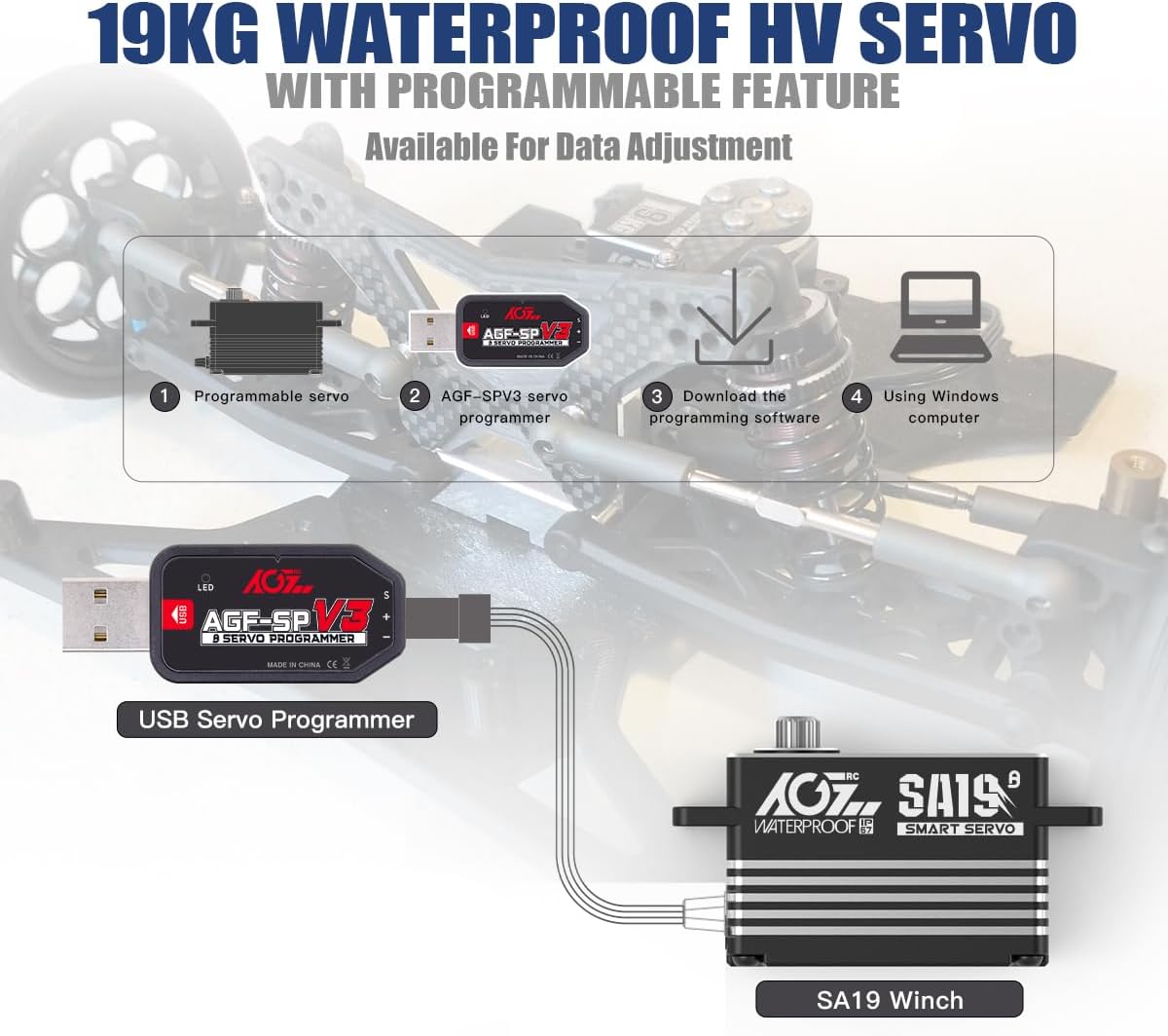 AGFRC 19KG Low-Profile Waterproof RC-Winch-Servo - 0.073s High Speed, Full CNC Metal Gear, Brushless Programmable Smart Servo with 25T Metal Winch Horn for 1/10 RC Cars, Crawlers (SA19 Winch)