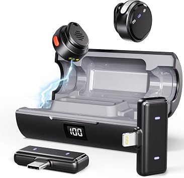Moman Coin Wireless Lavalier Microphone for iPhone/Android, The Smallest 48H 164ft Range Noise Cancellation Mini Clip/Magnetic Microphones For Lightning/USB-C, Active Lapel Lav Mic for Video Recording