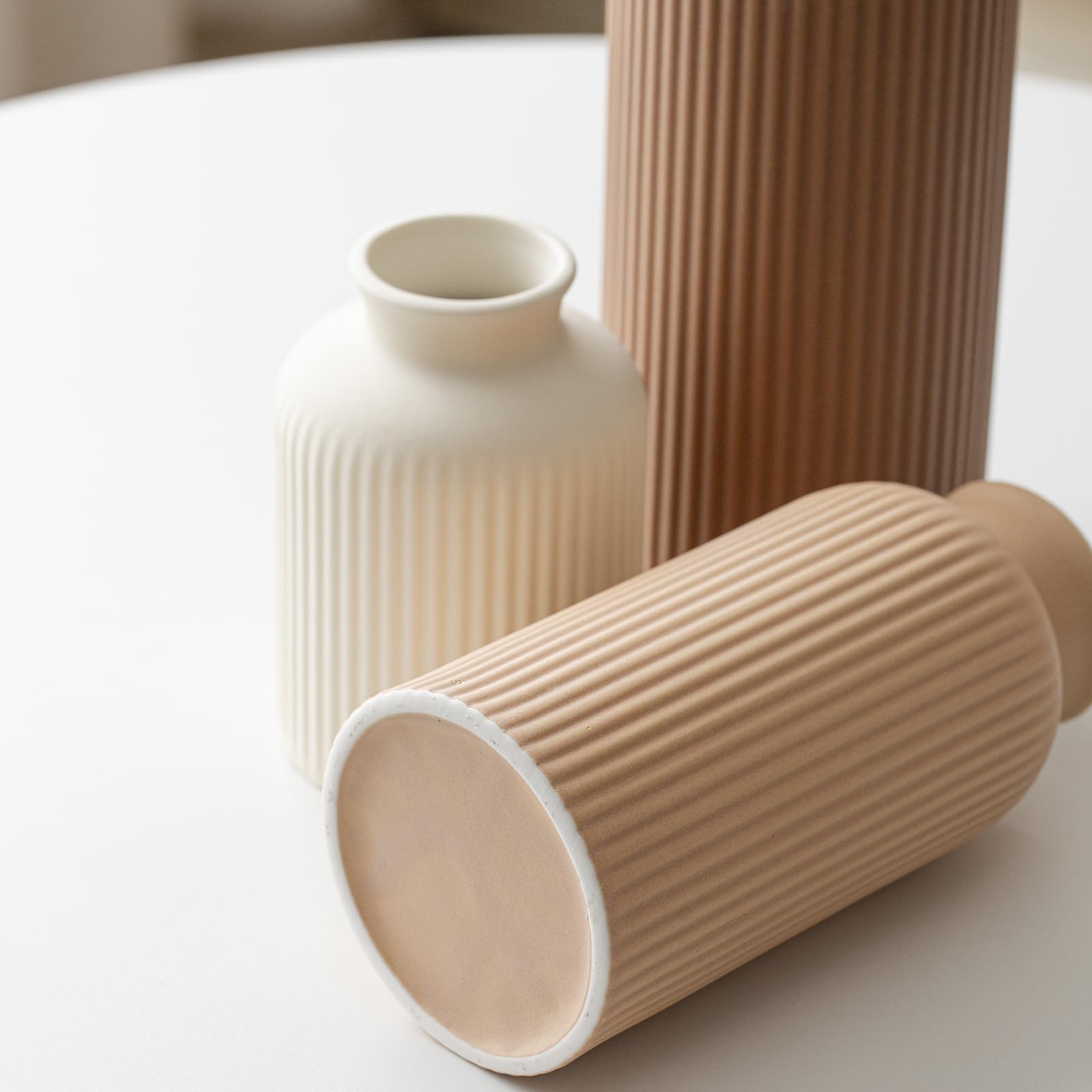 Große Moderne Keramik Vase Set, Kaffee Geriffelt Matt Design, 3 Stück Dekorative Vasen für Zuhause, Wohnzimmer, Büro (XL Kaffee Mix)