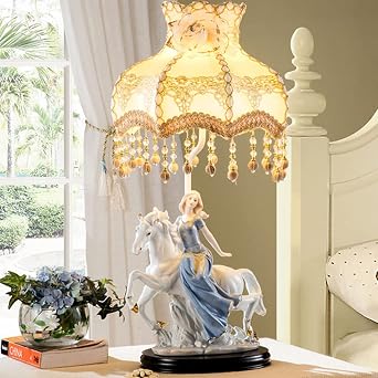 LITFAD Floral Fabric Beige Nightstand Lamp Scalloped Single Pastoral Table Light Princess Room Decorative Desk Lamp with Maiden and Horse Base