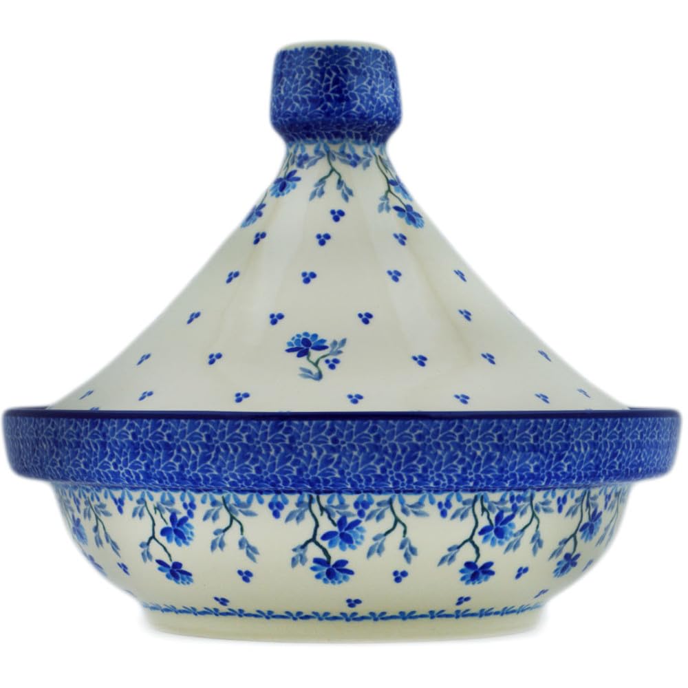 Authentic Polish Pottery Tagine Pot in Blue Grapevine Design Handmade in Boles?awiec Poland by Ceramika Artystyczna + Certificate of Authenticity