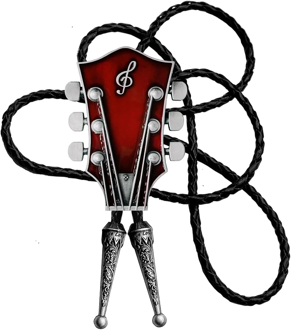 Moranse Bolo Tie With Guitar Music Lover Design Cowboy and Genuine Cowhide Rope