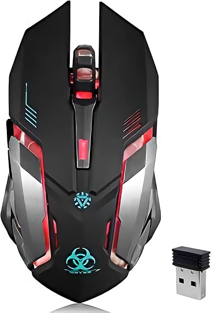 VEGCOO Wireless Gaming Mouse, C8 Silent Click Wireless Rechargeable Mouse with Colorful LED Lights and 3 Level DPI for Laptop and Computer (Black)