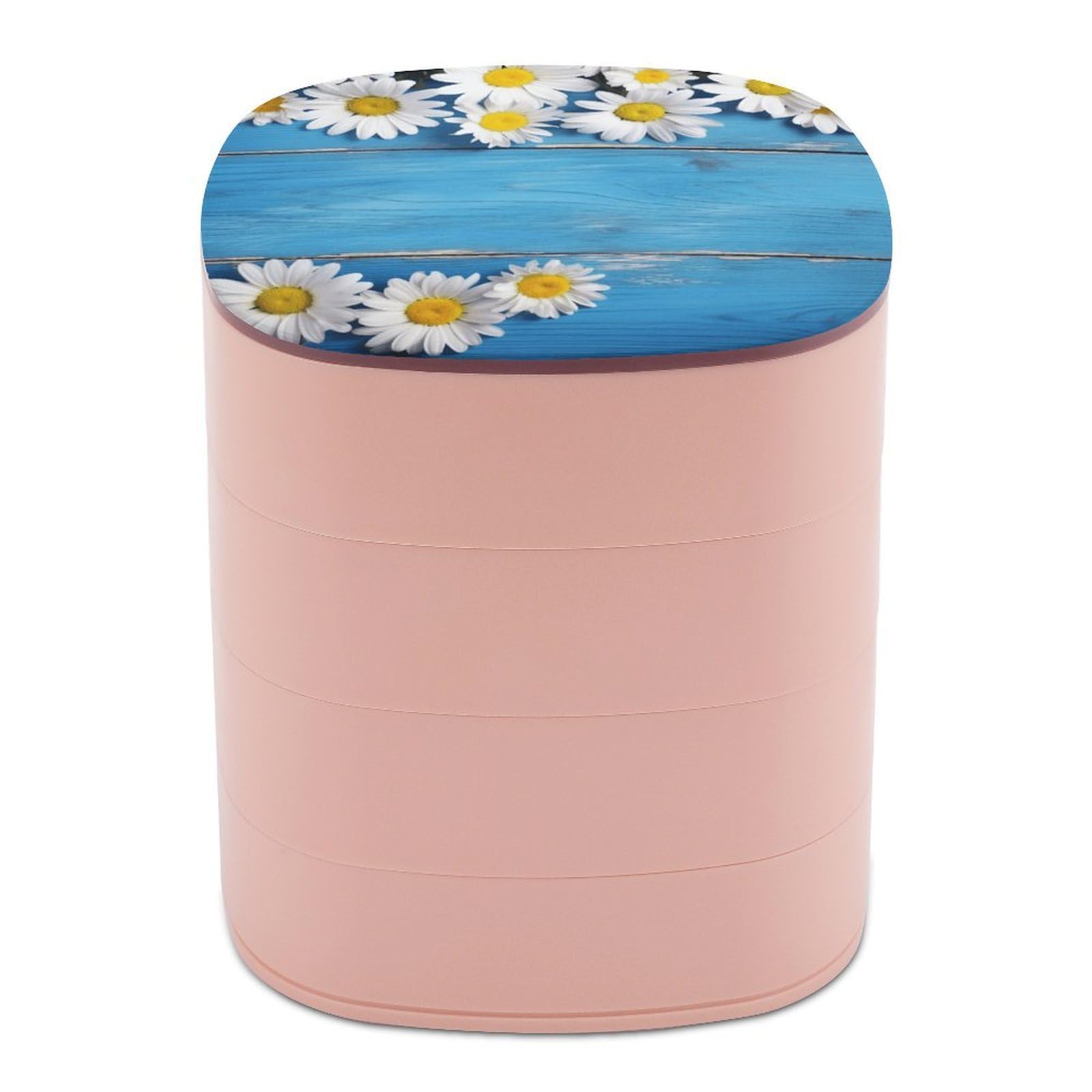Btcowzrv Women's Style Daisy Flowers Blue Wooden Jewelry Organizer With Mirror, 4-Layer Rotating Jewelry Box For Ring Earring Necklaces Bracelets Hair Accessories, Gift For