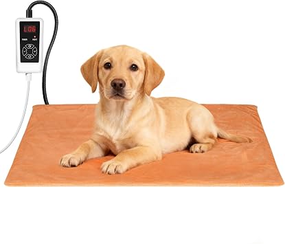 RIOGOO Pet Heating Pad, Electric Heating Pad for Dogs and Cats with Timer, 6 Level Adjustable Temperature Dog Heated Blanket Brown, M25x12.5