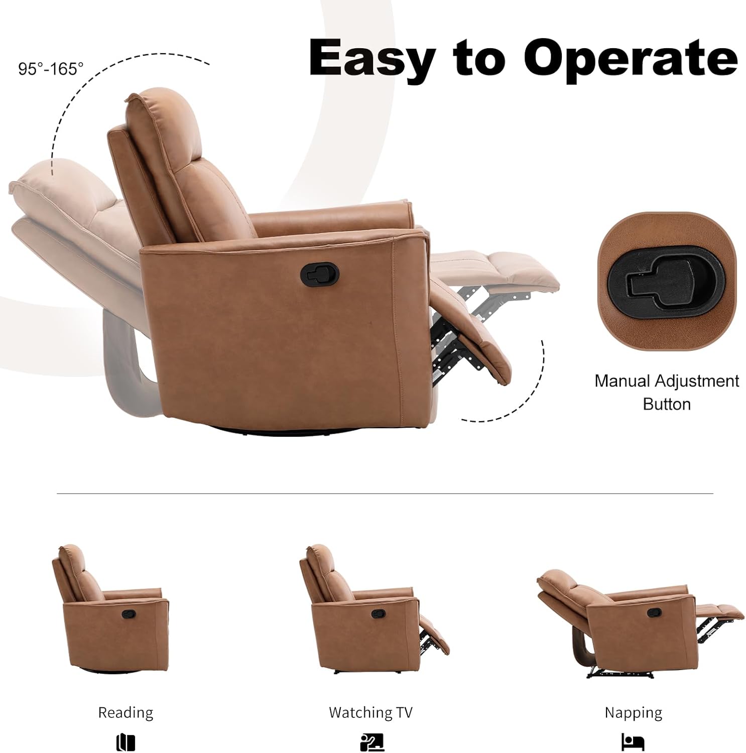 EBELLO Swivel Rocker Glider Chair, Nursing Swivel Glider Rocking Recliners with Overstuffed Backrest, Faux Leather Manual Reclining Sofa for Living Room Bedroom Apartment, Brown