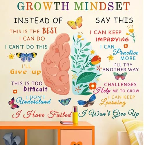 Classroom Growth Mindset Brain Wall Decal Posters Positive Peel and Stick Vinyl Wall Decor Removable Positive Wall Stickers Quotes Saying Wall Art for Teacher Student Classroom Playroom Decor