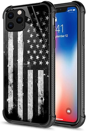 Funda compatible con iPhone 11, funda de bandera estadounidense Grunge en blanco y negro, parte trasera de vidrio templado + funda protectora de TPU
