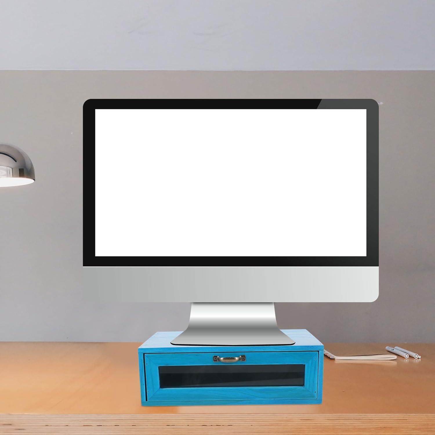 Wooden Monitor Riser Stand with Pull-out Storage Drawer for Desk, Rustic Computer Monitor Stand Organizer, Suitable for Home Office, Mediterranean Blue