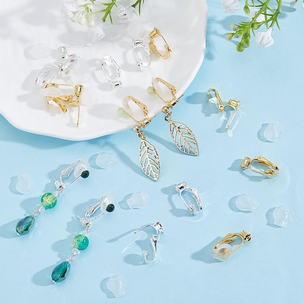 Beebeecraft 1 Box 16Pcs Clip-on Earring Converter 18K Gold Plated & 925 Sterling Silver Plated Brass Non-Pierced Earrings Clips with Silicon Pads for DIY Design Jewelry Making Findings