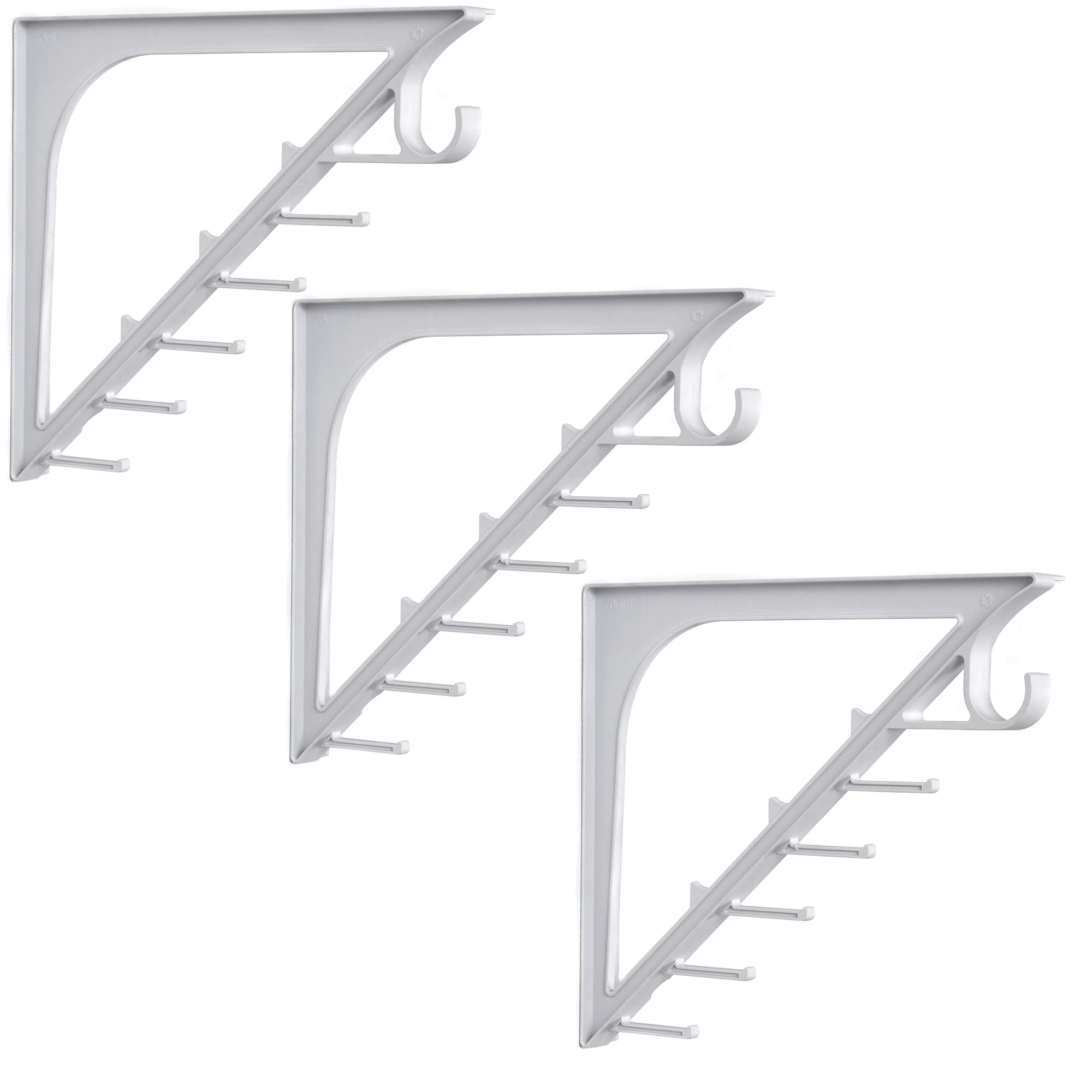 Heavy Duty Closet Shelf and Rod Bracket, 3-Pack, White - Wall Mounted Shelves with Integrated Accessory Hooks for Tie Rack, Belts & Scarves - Maximize Storage, Stay Organized by Delta Cycle & Home