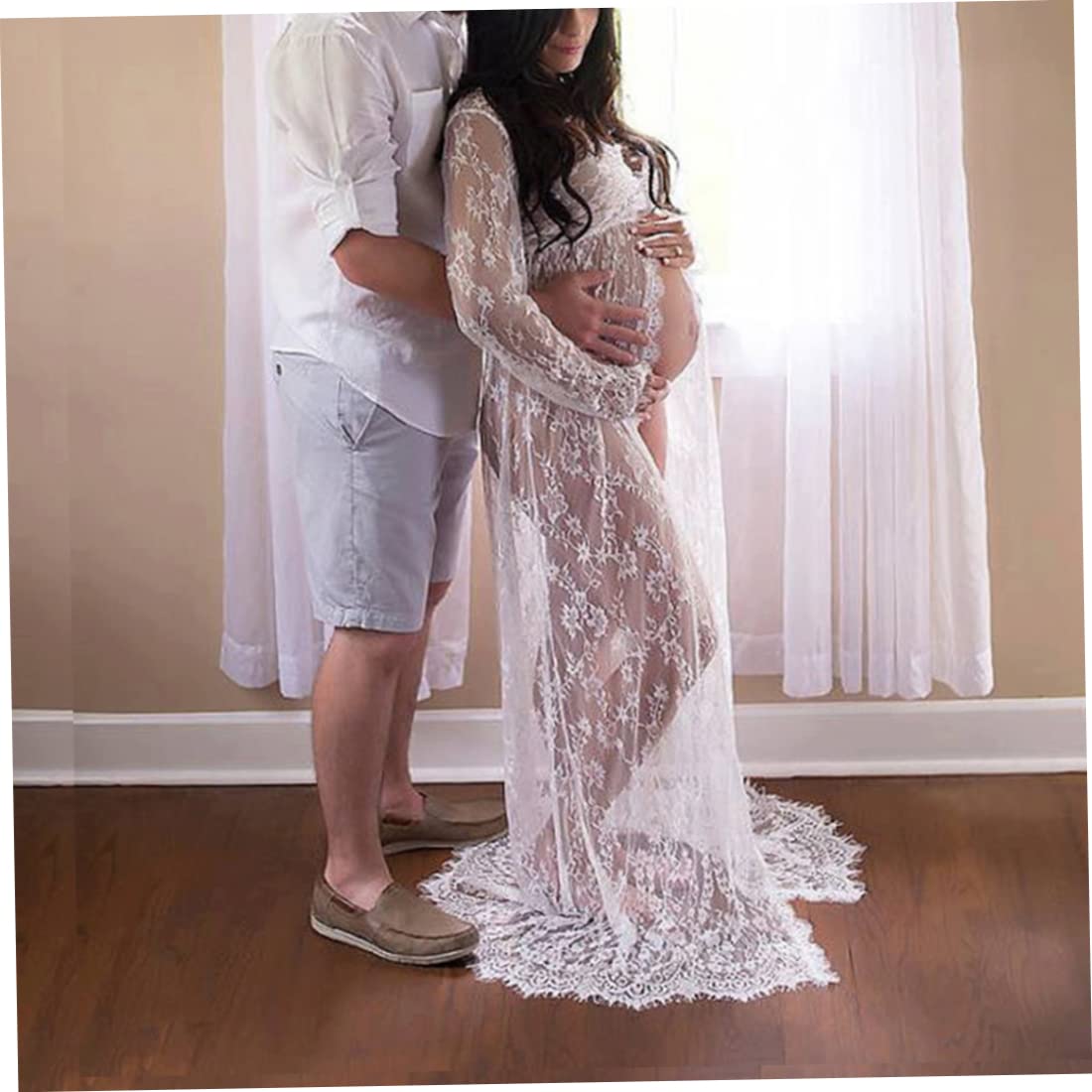 NIDONE Robe de Photographie de maternité col en V en Dentelle à Manches Longues Robe Longue maternité pour Femmes Enceintes Blanc S