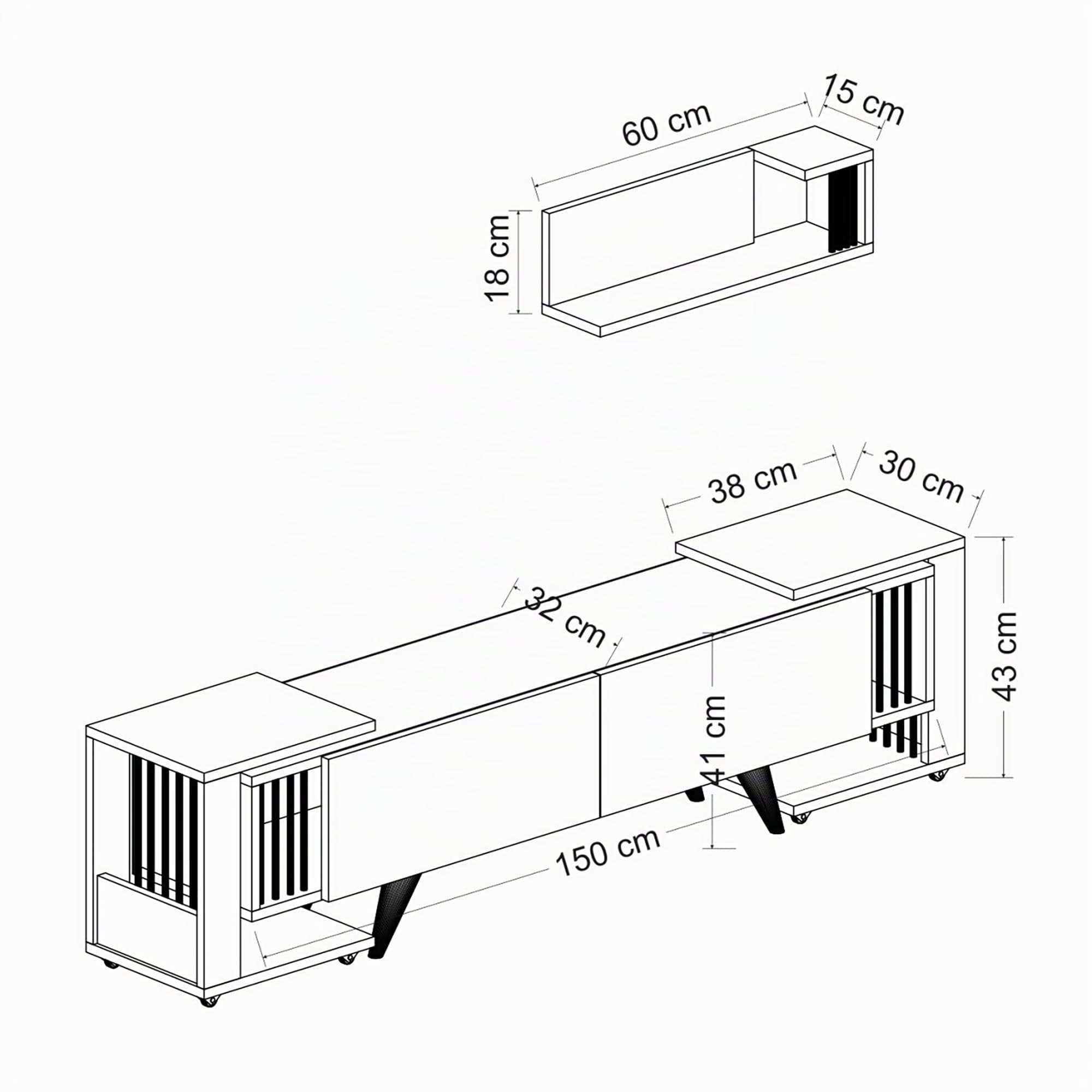 [en.casa] Ensemble Meuble TV avec 2 Tables d'Appoint à roulettes Étagère Murale pour Salon Panneau de Particules Plastique Blanc Effet Chêne