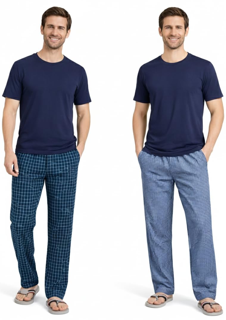 Men's Premium Cotton Checkered Pajama Pants, Pack of 2, Multicolor Plaid Lounge Pants with Elastic Waistband-image-9