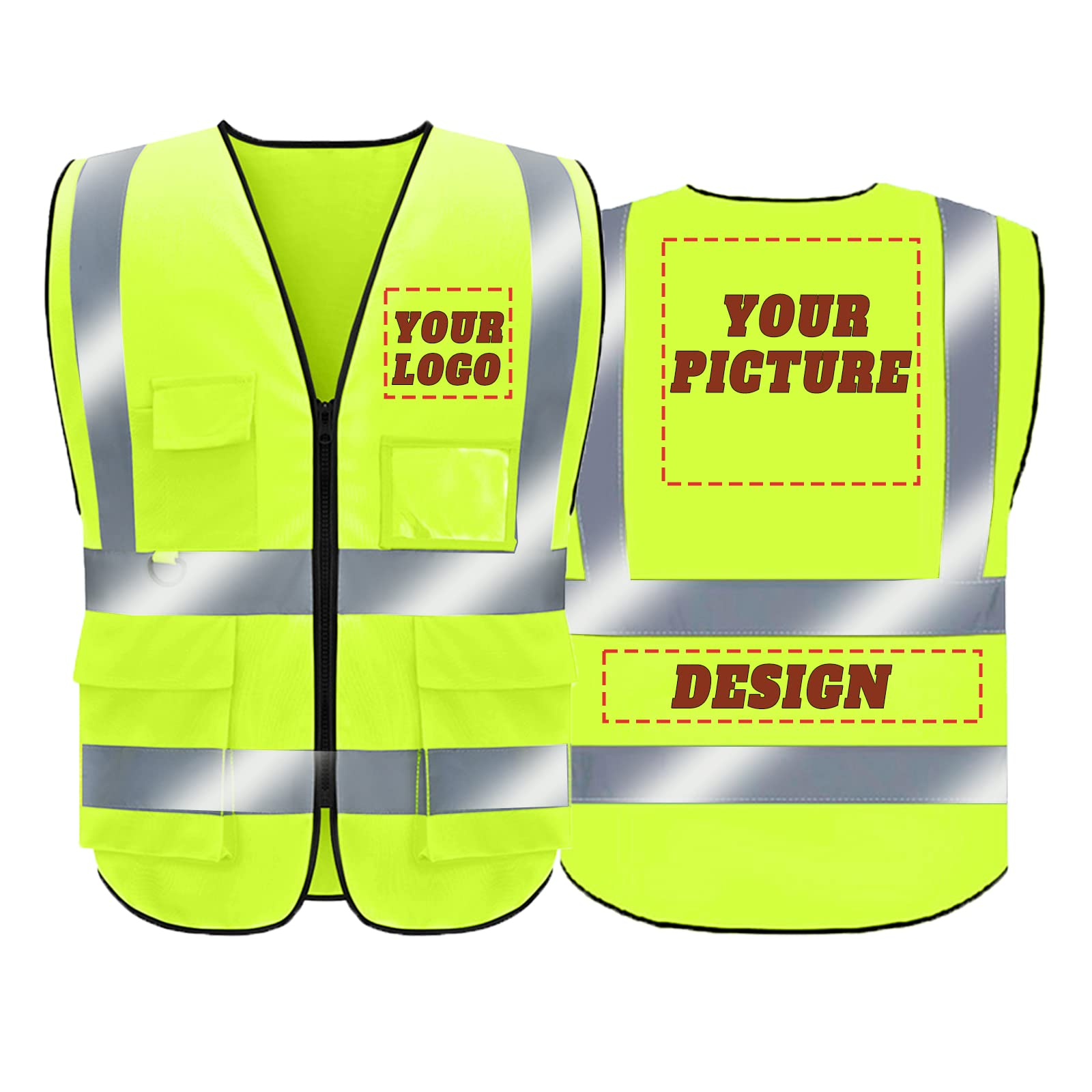 Safety Vest Custom Logo Class 2 Hi Vis Reflective Vest High Visibility Vest Construction security Work Vest for men/women with 5 Pockets /1 Pack (Yellow, XL)