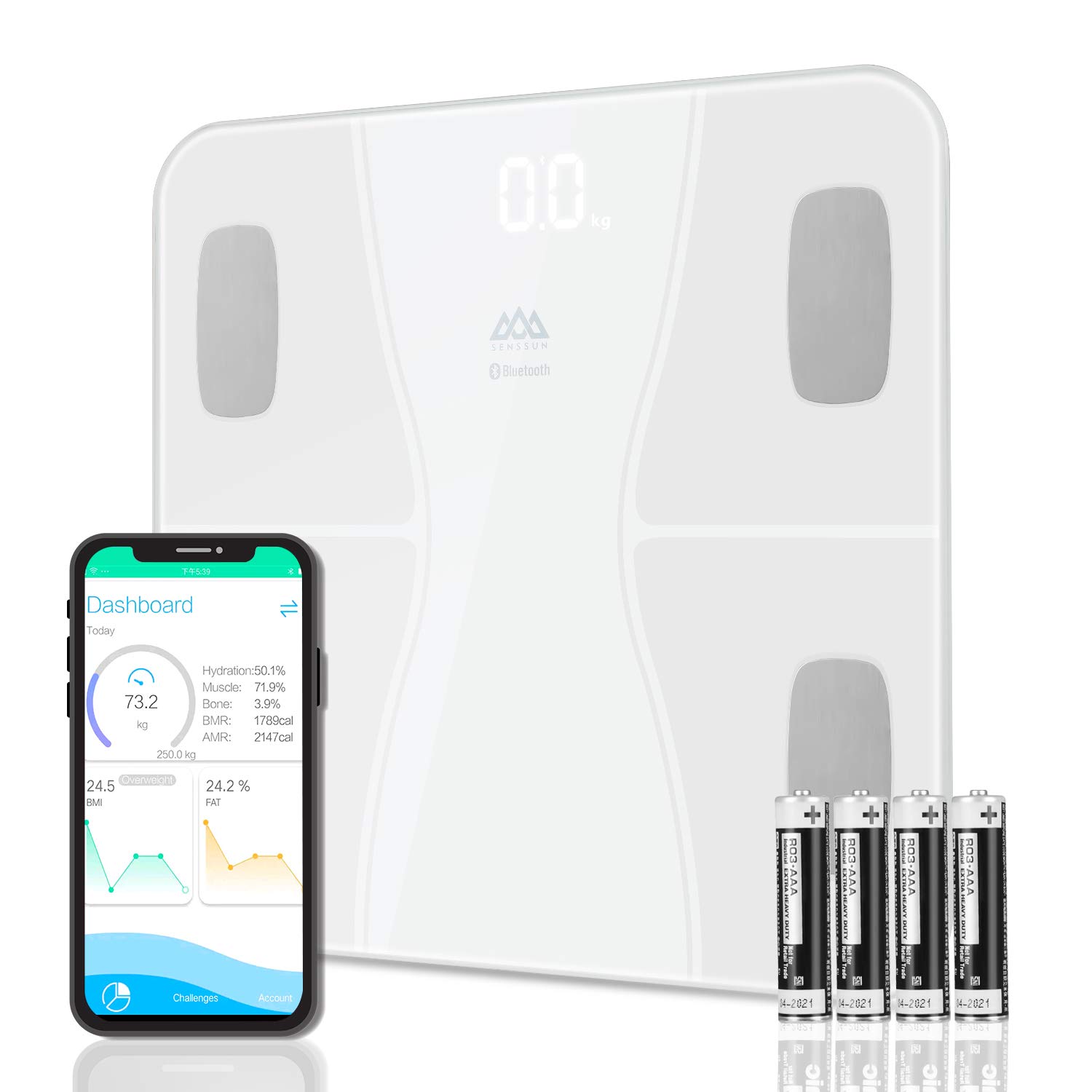 SENSSUN Smart Scale with smartphone displaying app dashboard and four AAA batteries