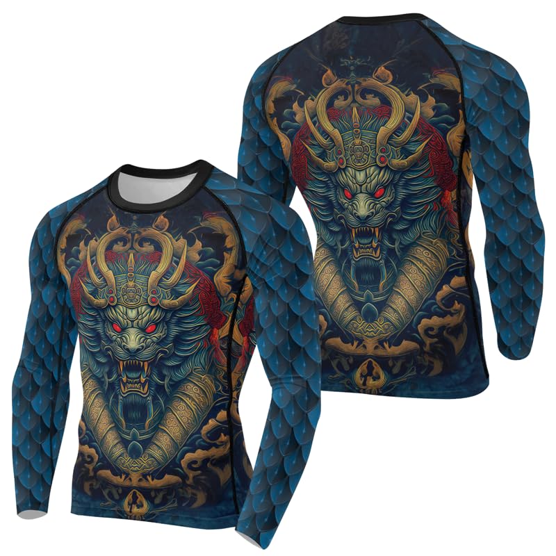 Dragon Compression Shirt for Men Long Sleeve Baselayer Skin Performance Fit Rash Guard MMA BJJ Jiu Jitsu