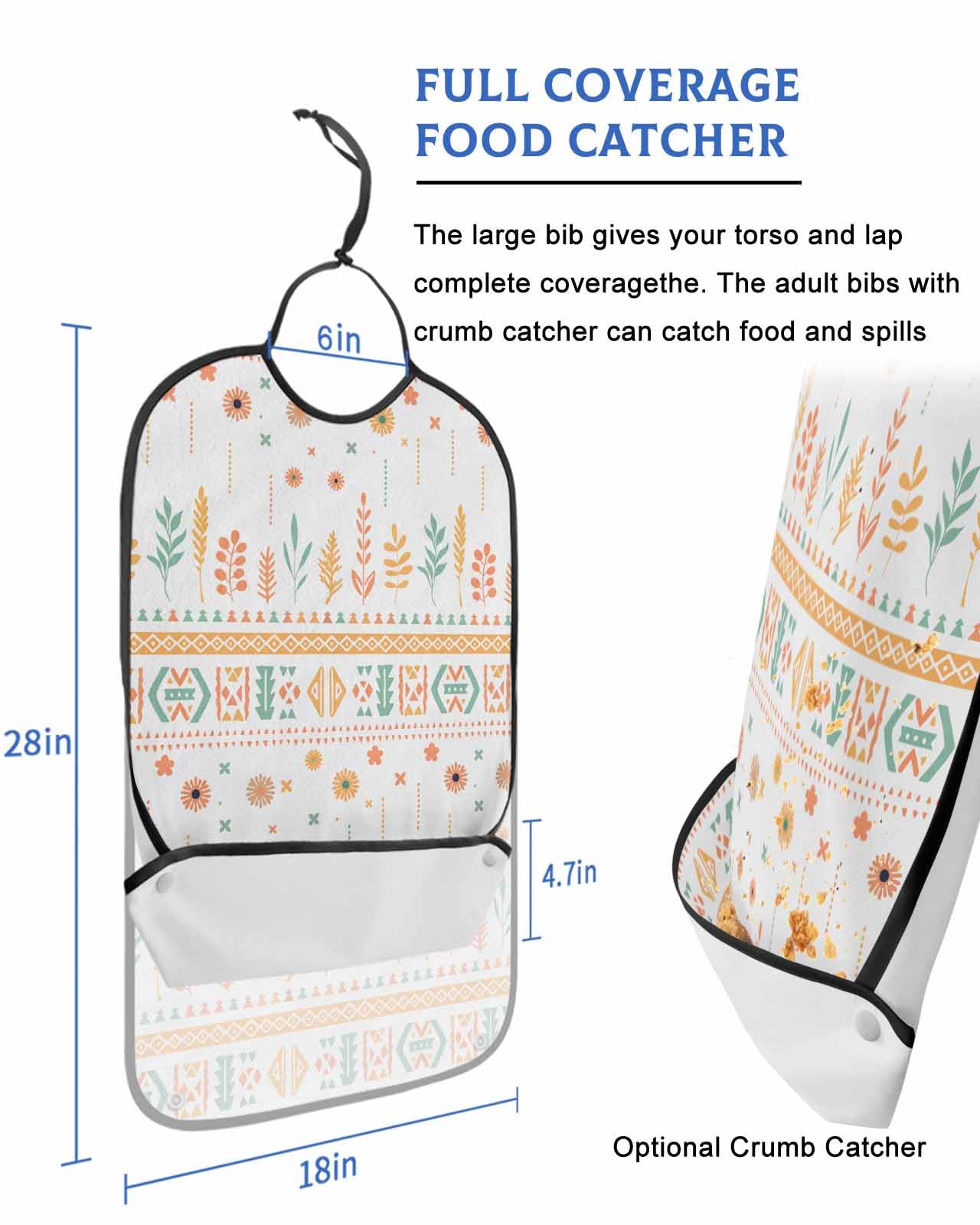 LEOKOTI Orange Teal Botanical Adult Bibs for Eating, Waterproof Bibs with Food Catcher & Adjustable Snap Closure, Boho Ethnic Geometric Abstract Washable Clothing Protectors Adult Bibs for Elderly