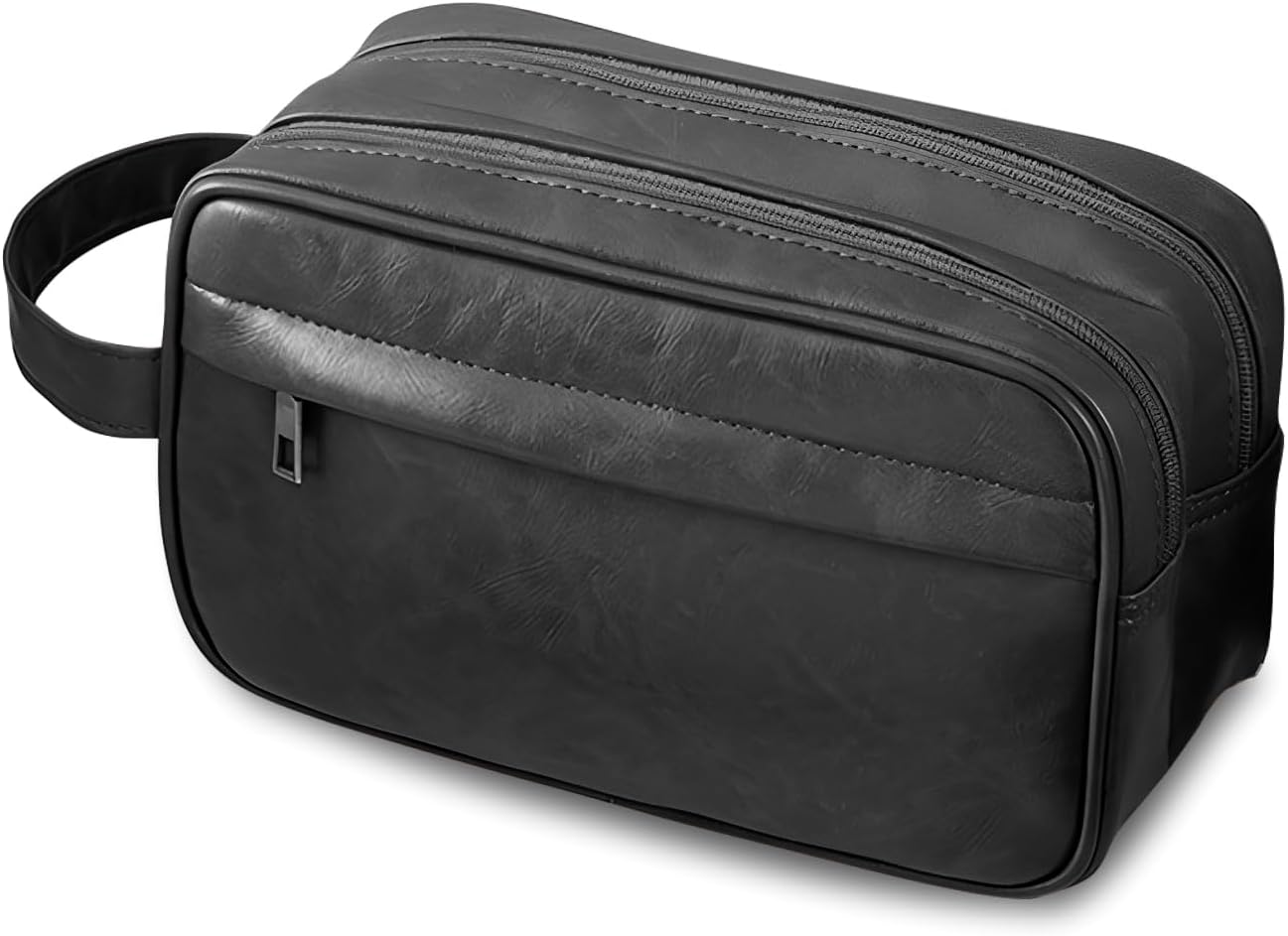 PU Leather Toiletry Bag for Men, Large Travel Toiletry Organizer, Water-resistant Shaving Bag for Toiletries Accessories，Door Room Essentials，Cosmetic Bag with Portable Handle- Black