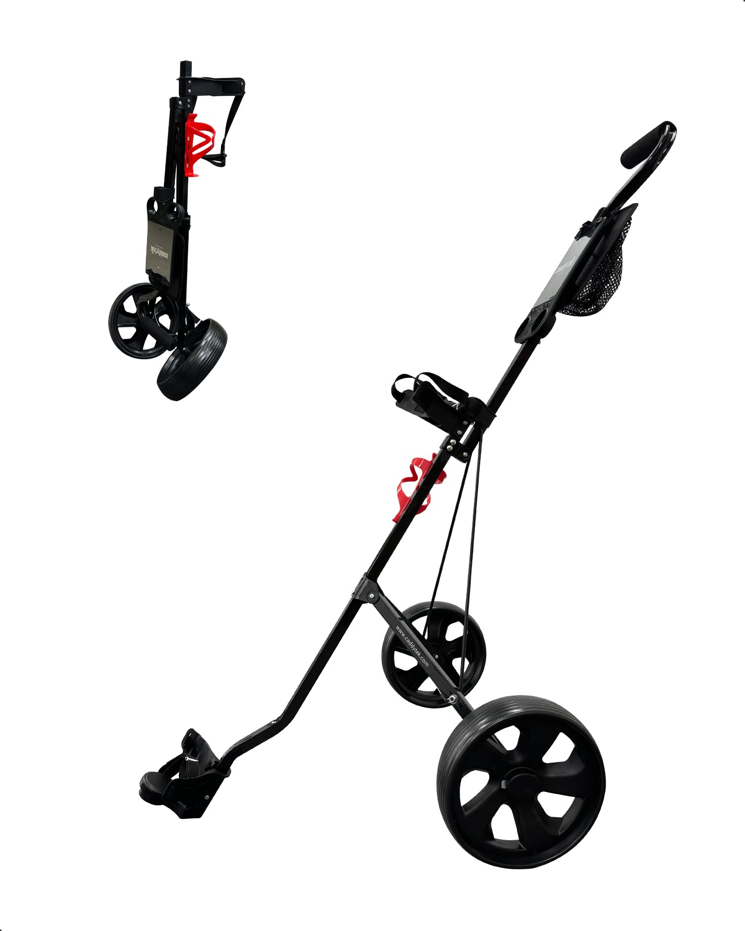 CaddyTek Golfwagen mit 2 Rädern, luxuriös, leicht, Faltbarer kompakter Trolley mit Aluminiumrahmen, Eva-Rädern, Netz-Aufbewahrung, ergonomischem Griff und Getränkehalter