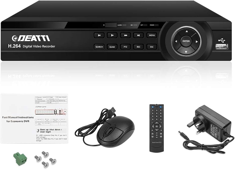 Contents of the DEATTI DVR package including DVR unit, mouse, remote, power adapter, and connectors