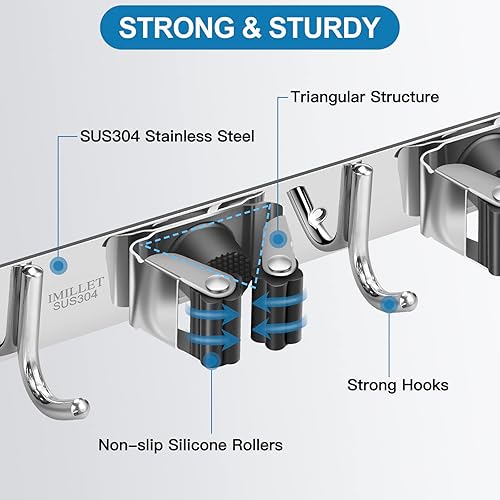 Miniatura 2 de IMILLET - 2 Soportes de Pared para Escobas Montados, Soporte de Acero Inoxidable para Escobas y Fregonas con Ganchos Autoadhesivos y Resistente,